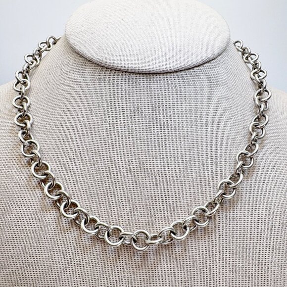 VTG Sterling Silver 925 Round Link Heart Tag Chain Necklace Size 17.5" Length - Picture 3 of 11